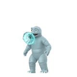 Gray cartoon character holding a blue donut on a white background