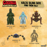 Promotional graphic for Godzilla Monster Island Kaiju blind box figures with character names and quantities on a beige background.