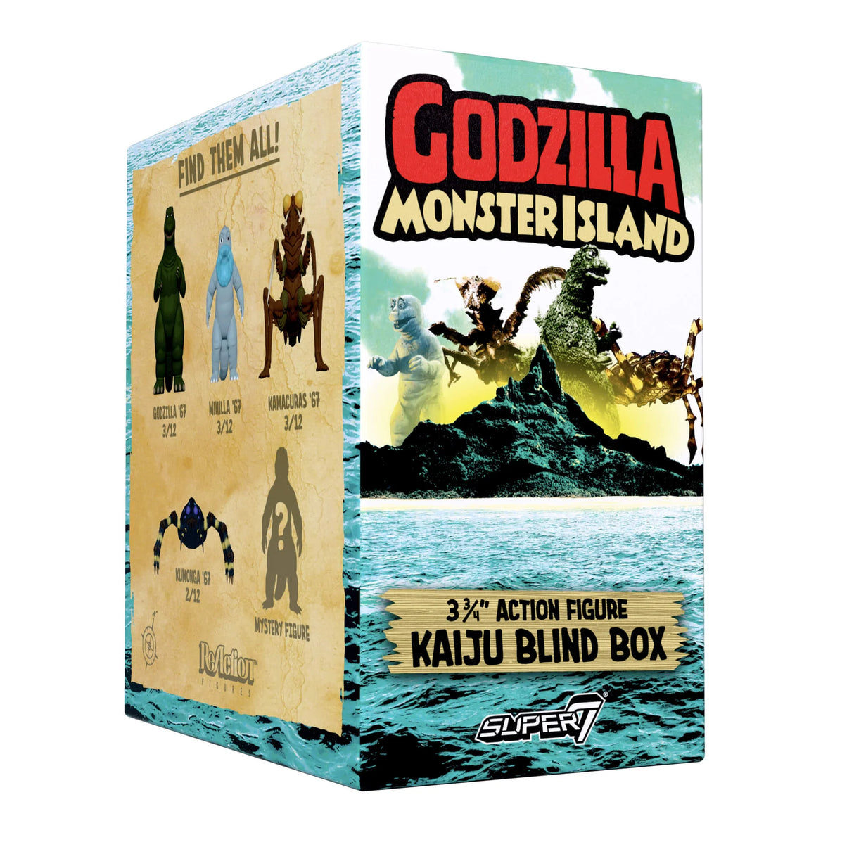 Godzilla Monster Island action figure blind box packaging with images of Godzilla and other monsters.