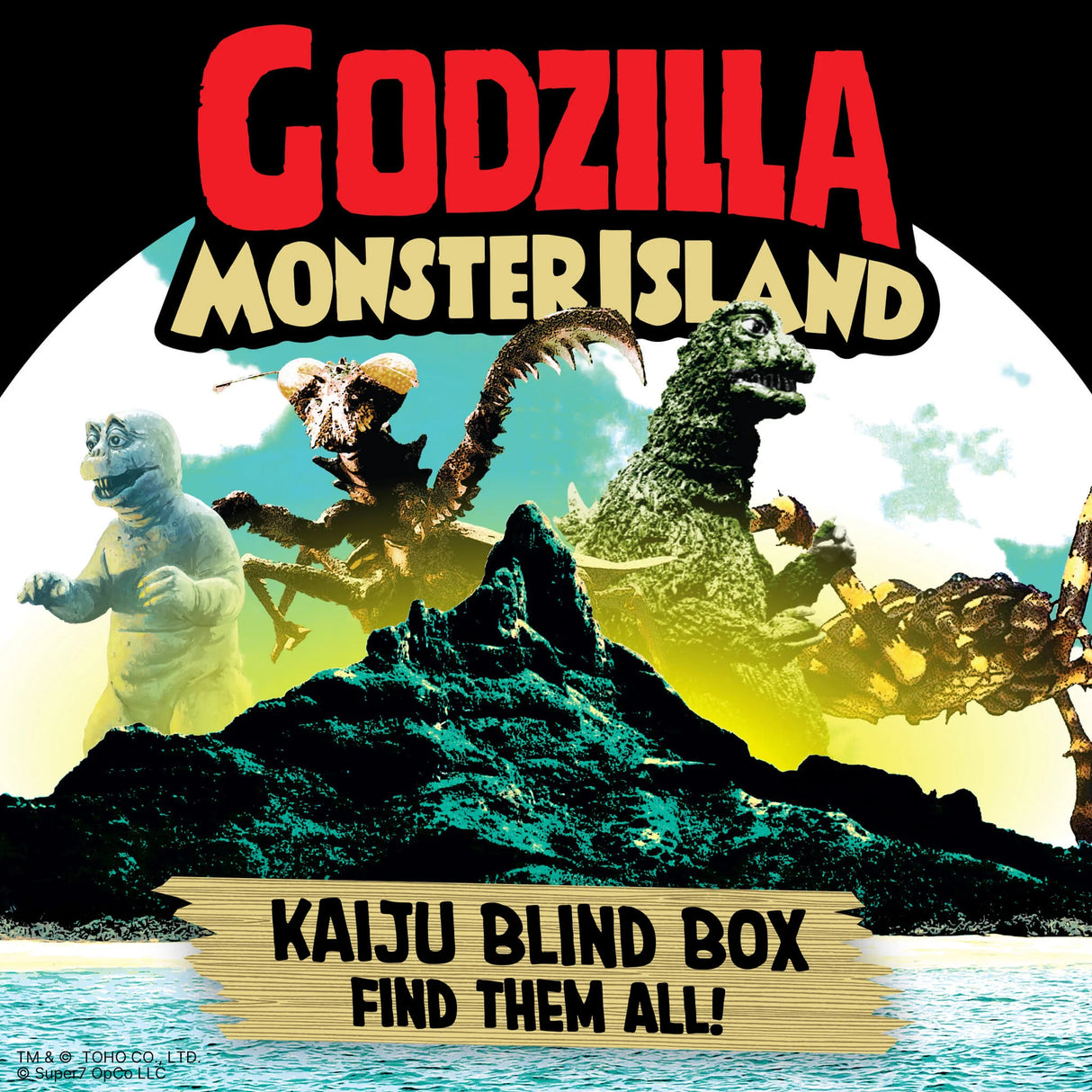 Promotional graphic for 'Godzilla Monster Island' with various monsters on a mountain, against a moonlit sky.