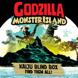 Promotional graphic for 'Godzilla Monster Island' with various monsters on a mountain, against a moonlit sky.