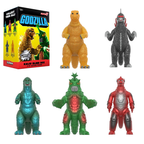 Collection of Godzilla figurines with a blind box packaging on a white background