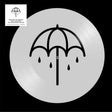 Vinyl record with an umbrella and raindrop design on a black background
