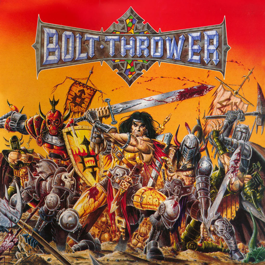 Album cover for 'Bolt Thrower' featuring warrior-themed artwork with a red and orange background.