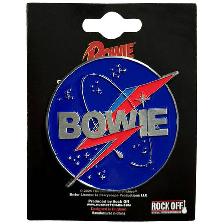 Space-themed 'Bowie' logo badge on a black backing card with branding.
