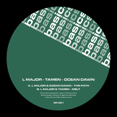 Vinyl record label with 'basic' pattern and track information on a green background