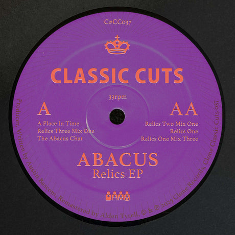 Purple record label for 'ABACUS Relics EP' by Classic Cuts on a black background