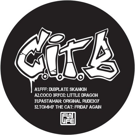 Black vinyl record with white text and logo on a black background