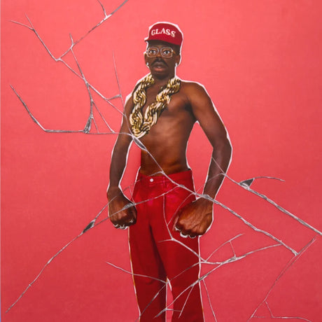 A stylized portrait painting of a shirtless Black man wearing red pants, a red cap with 'GLASS' on it, and a large gold chain, set against a solid red background with cracked-glass lines across the composition.