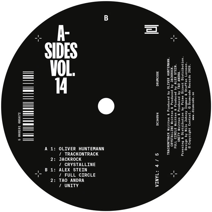 Black vinyl record label for 'A-Sides Vol. 14' with tracklist and branding.