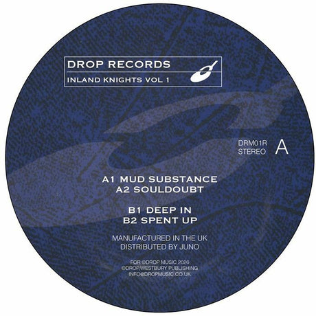 Vinyl record label for 'Inland Knights Vol 1' by Drop Records with text and logo.