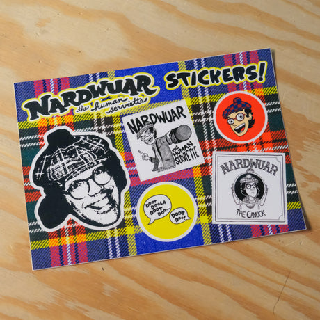 Sticker sheet with Nardwuar the Human Serviette stickers on a plaid background