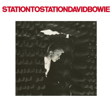 Album cover with a person peering through a textured surface, featuring the text 'Station to Station David Bowie'.