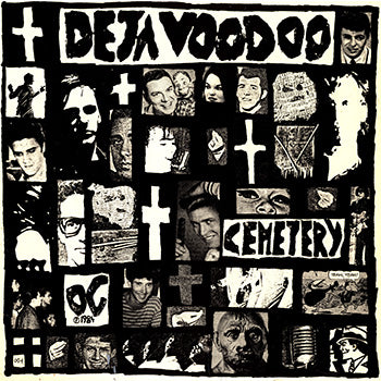 Black and white collage with various images and text, including 'Deja Voodoo' and 'Cemetery'.