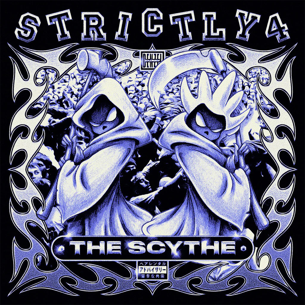 Artistic depiction of two hooded figures with a scythe, surrounded by intricate designs and text.