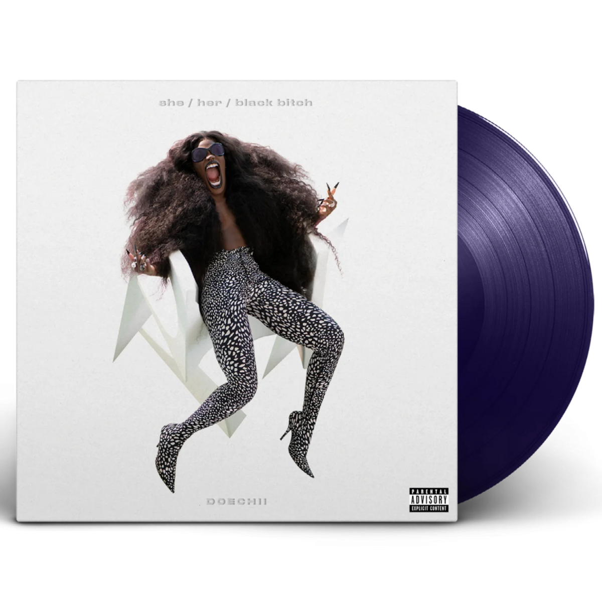 Vinyl record with a stylized cover featuring a person and the title 'she/her/black bitch'.
