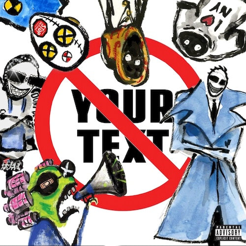 Colorful graphic with a red prohibition sign over text, surrounded by stylized figures and objects.