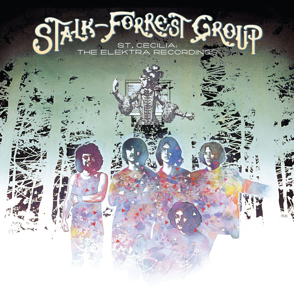 Album cover of 'Stalk-Forest Group' featuring a stylized illustration of people and abstract designs.