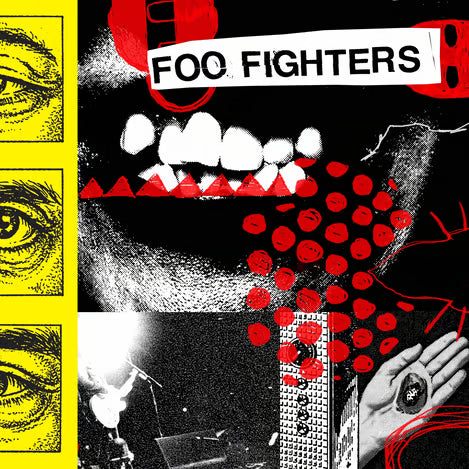 Album cover for Foo Fighters with a mouth graphic, eyes, and concert scene.