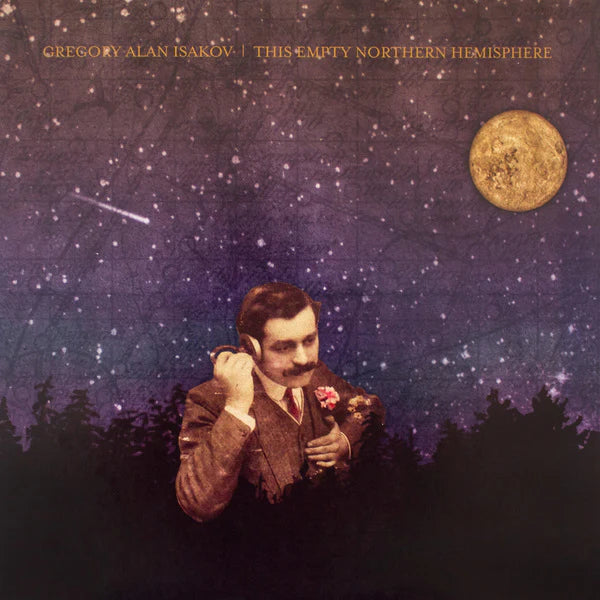 Album cover with a man holding a flower, starry night sky, and moon.