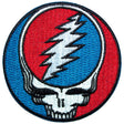 Circular patch with a skull and lightning bolt design on a red and blue background