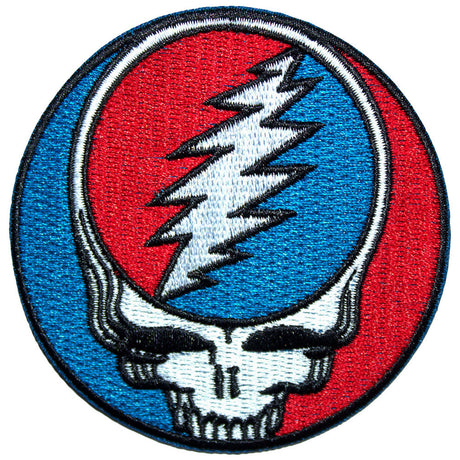 Circular patch with a skull and lightning bolt design on a red and blue background