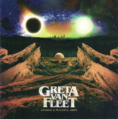 Album cover for 'Anthem of the Peaceful Army' by Greta Van Fleet featuring a futuristic landscape with planets.