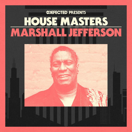 Album cover for 'House Masters Marshall Jefferson' with a portrait of a man and city skyline silhouette.