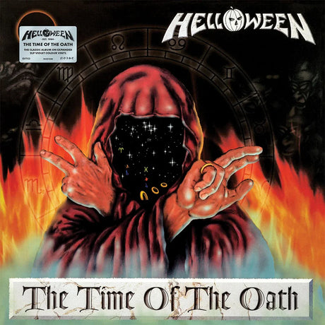 Album cover for Helloween's 'The Time Of The Oath' with a hooded figure and fiery background.