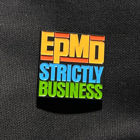 Colorful 'EPMD Strictly Business' badge on a black background