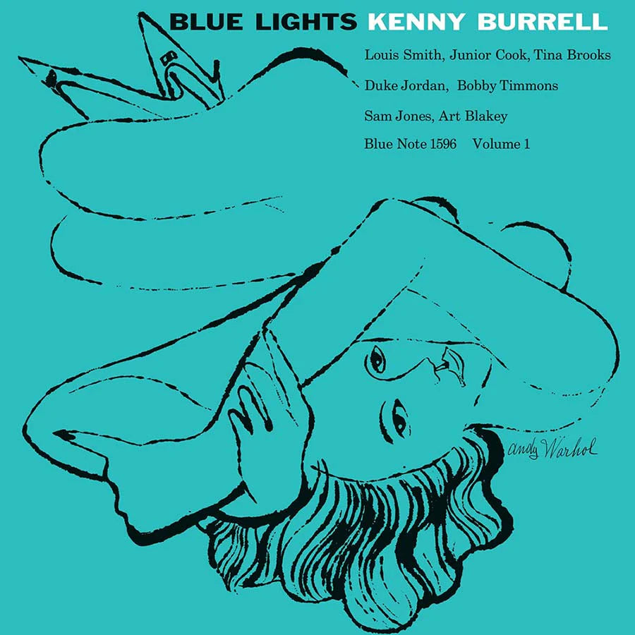 Album cover with blue background and black line drawing of a person wearing a hat, featuring the text 'Blue Lights Kenny Burrell' and artist names.