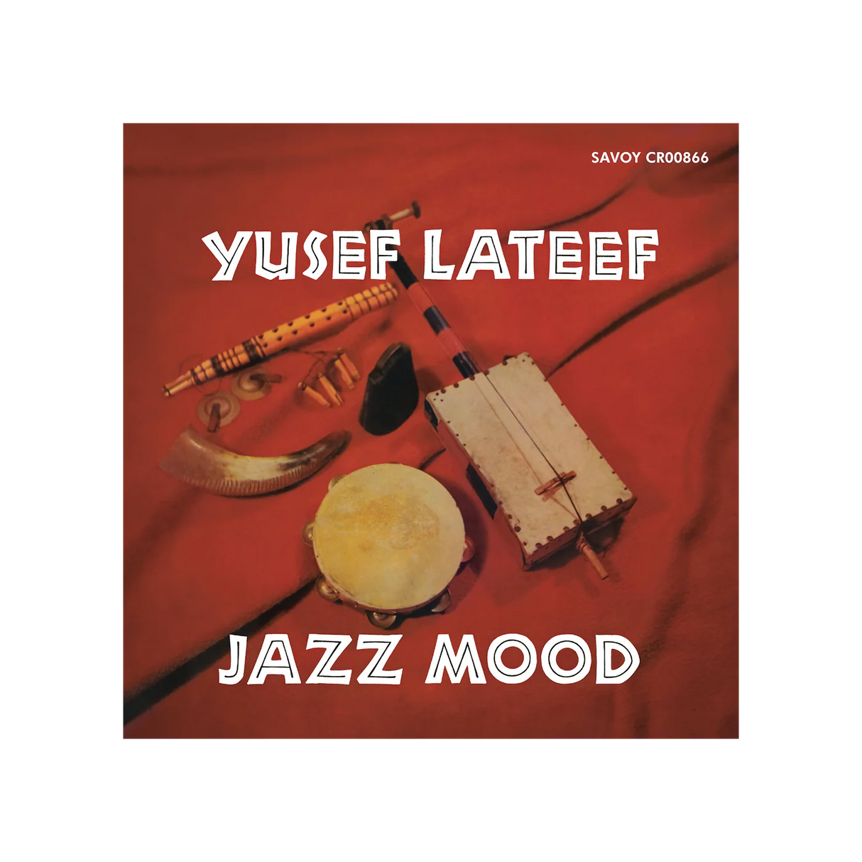 Album cover for 'Jazz Mood' by Yusef Lateef featuring musical instruments on a red background.