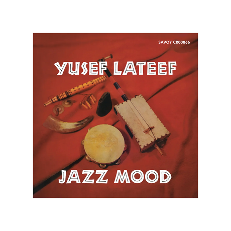 Album cover for 'Jazz Mood' by Yusef Lateef featuring musical instruments on a red background.