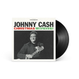Vinyl record with Johnny Cash cover featuring a black and white photo of the artist holding a guitar.