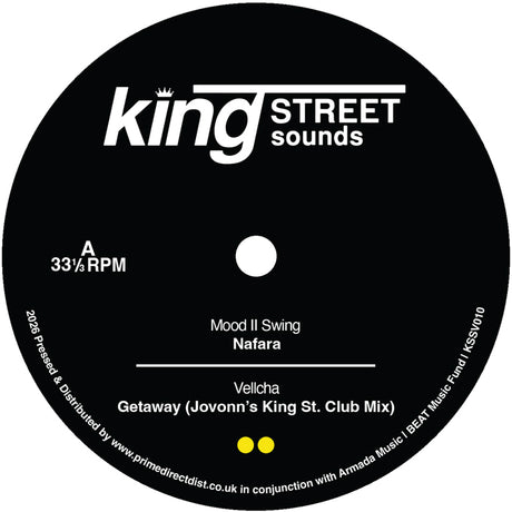 Black vinyl record label with 'king STREET sounds' branding and track information.