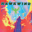 Album cover for 'Palaces Springs' by Hawkwind with colorful abstract design and silhouette of a person.