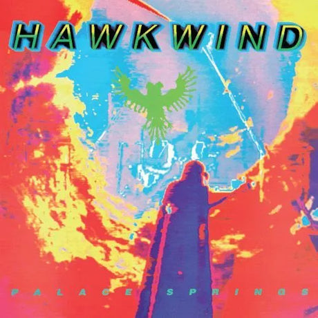 Album cover for 'Palaces Springs' by Hawkwind with colorful abstract design and silhouette of a person.