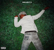 A person lying on green grass wearing a white long-sleeve shirt and faded gray jeans, with the text 'PROJECT X' at the top and a Parental Advisory label in the lower left corner.