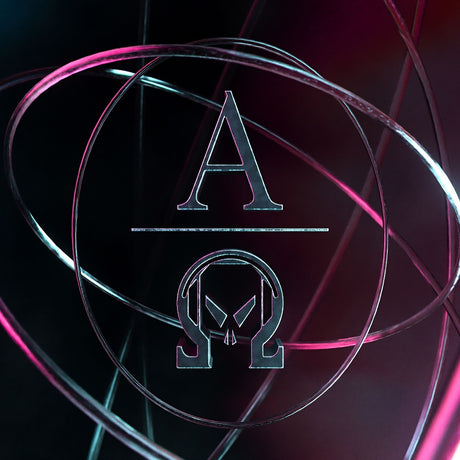 Circular design with a central letter 'A' and another symbol, set against a dark background with pink and blue lighting.
