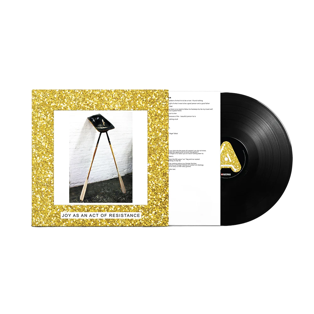 Vinyl record with gold glitter cover and black disc on a white background