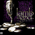 Album cover art for Lamb of God's 'Sacrament', featuring a metallic chalice on a black background with purple ornate patterns and scattered gold coins. A Parental Advisory label is visible in the bottom-left corner.