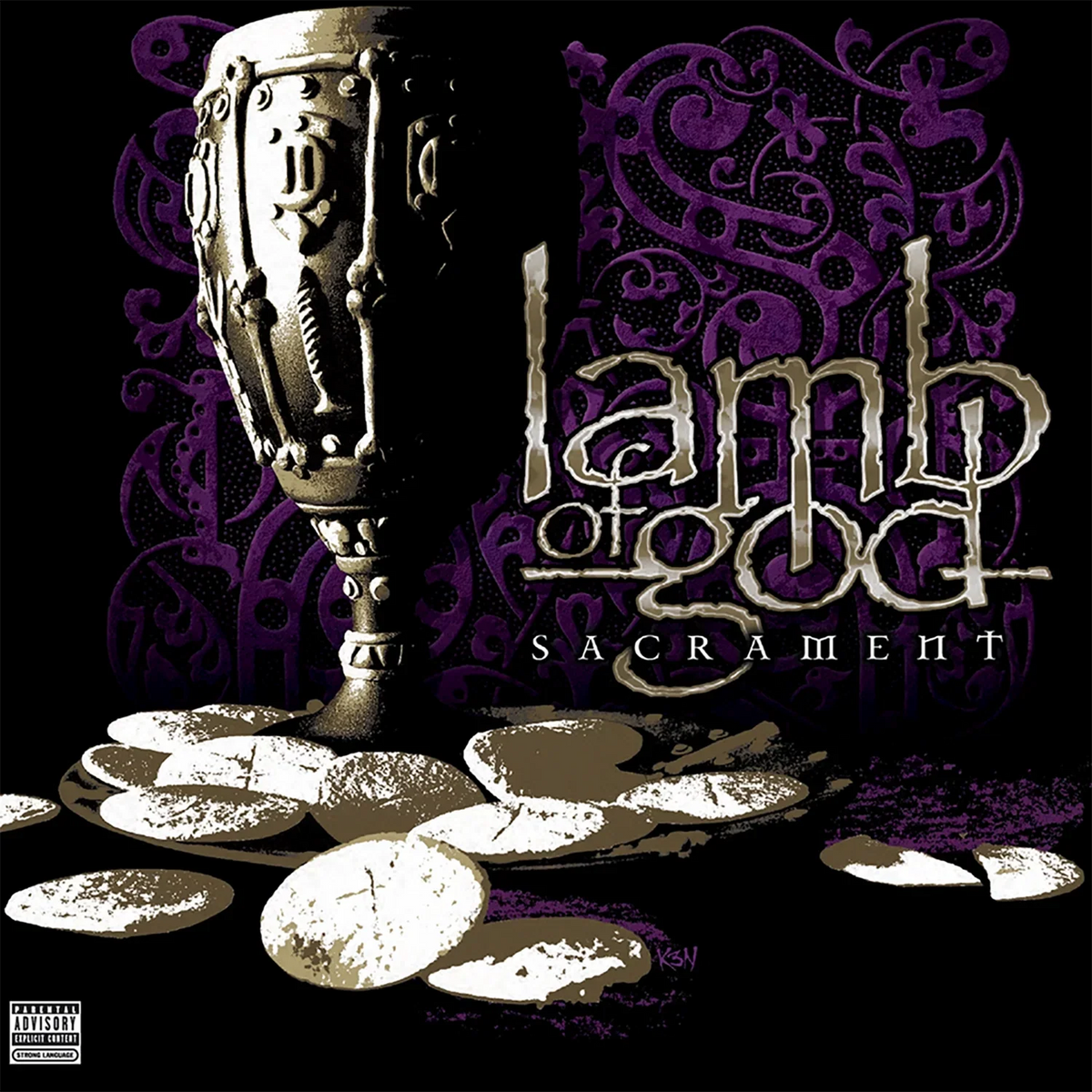 Album cover art for Lamb of God's 'Sacrament', featuring a metallic chalice on a black background with purple ornate patterns and scattered gold coins. A Parental Advisory label is visible in the bottom-left corner.