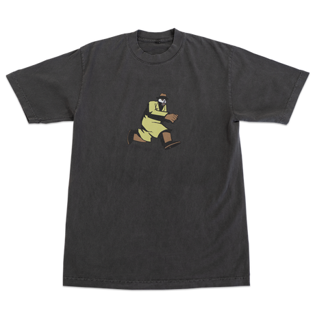 Black t-shirt with a graphic of a person in yellow pants and brown shoes on a white background