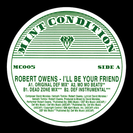 Vinyl record label with green text on a white background