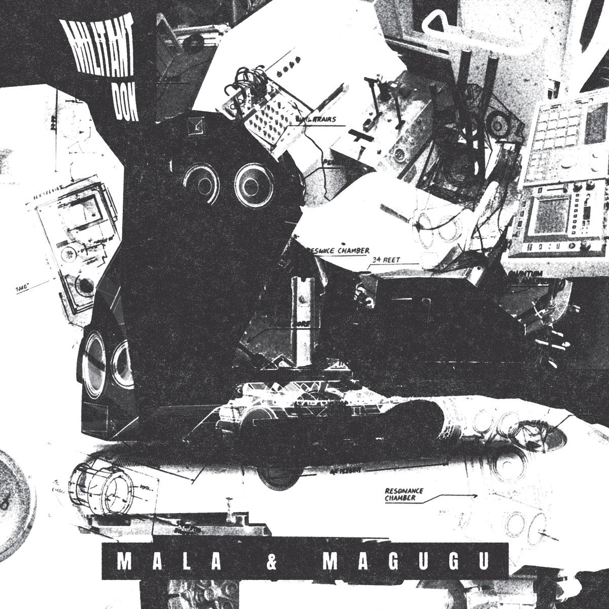 Black and white collage with various abstract shapes and text on a textured background