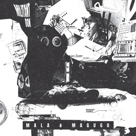 Black and white collage with various abstract shapes and text on a textured background
