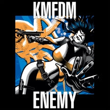 Artistic depiction of a character with a gun and octopus, with 'KMEDM' and 'ENEMY' text.