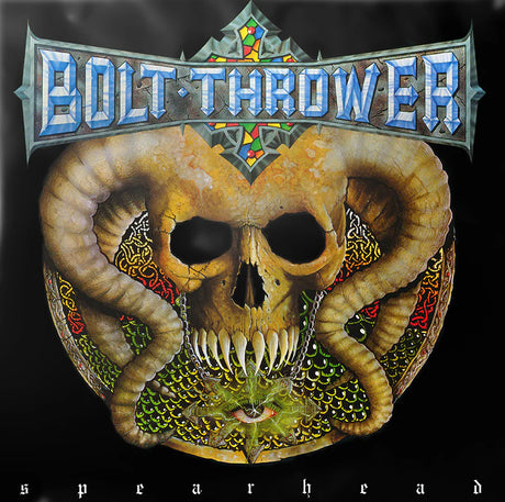 Album cover for Bolt Thrower's 'Spearhead' with a stylized skull and decorative elements.