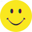 Yellow circle with a smiley face featuring rainbow-colored eyes and mouth on a white background