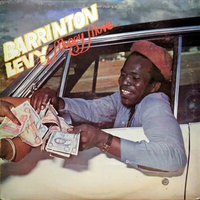 Album cover with a person in a car holding money, featuring the text 'Barrington Levy Happy Move'.
